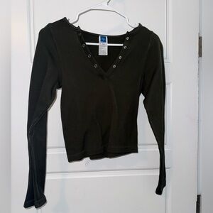 Ribbed V-Neck Long Sleeve Top - Green